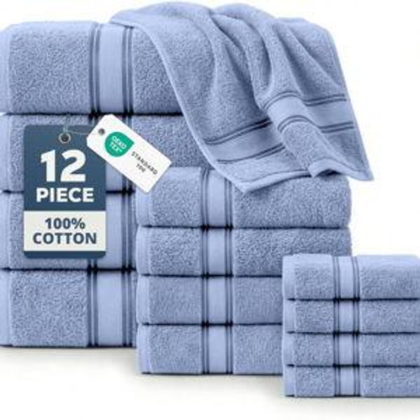 LANE LINEN Premium Bath Towel Set of 12 – 100% Cotton Towels for Bathroom, 4 Bath, 4 Hand Towels & 4 Washcloths, Zero Twist, Ultra Soft, Quick-Dry, Ideal for Spa, Hotel & Everyday Use – Cerulean Blue