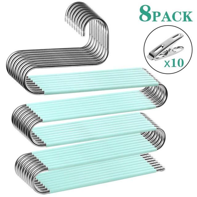 Benavvy 8 Pack Pants Hangers S-Type, Stainless Steel Pant Hangers with Clips, for Closet Organization with Multi-Purpose, Slacks, Towels, Scarfs, Ties, Space Saving Storage, Mint Green
