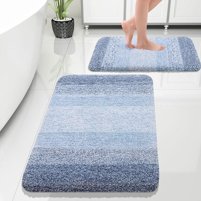 OLANLY Luxury Bathroom Rug Set 2 Piece, Soft Absorbent Microfiber Bath Rug Set, Non-Slip Striped Bath Carpet, Machine Wash Dry, Bath Mats for Bathroom (30"x20"+24"x16", Blue)