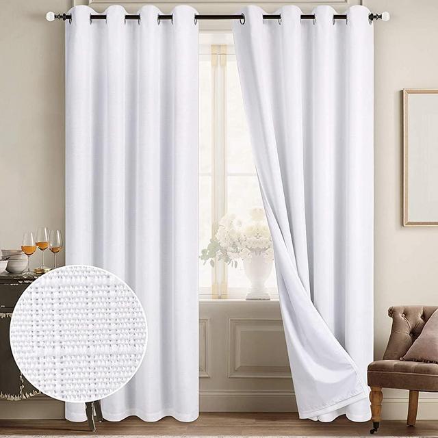 Diraysid 100% Blackout Curtains White Linen Curtains for Bedroom Grommet Thermal Insulated Room Darkening Drapes (2 Panels, W52 x L84 Inch)