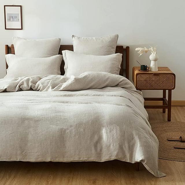 Simple&Opulence 100% Linen Duvet Cover Set with Washed-French Flax-3 Pieces Solid Color Basic Style Bedding Set-Breathable Soft Comforter Cover with 2 Pillowshams(California King, Linen)