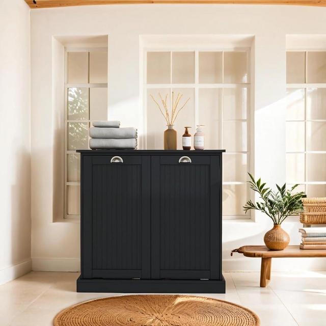 Locsear Tilt Out Laundry Hamper Cabinet with Removable Basket, Double Hidden Laundry Hamper Cabinet, Wood Bathroom Storage Cabinet, Free Standing Home Organizer, (Black)