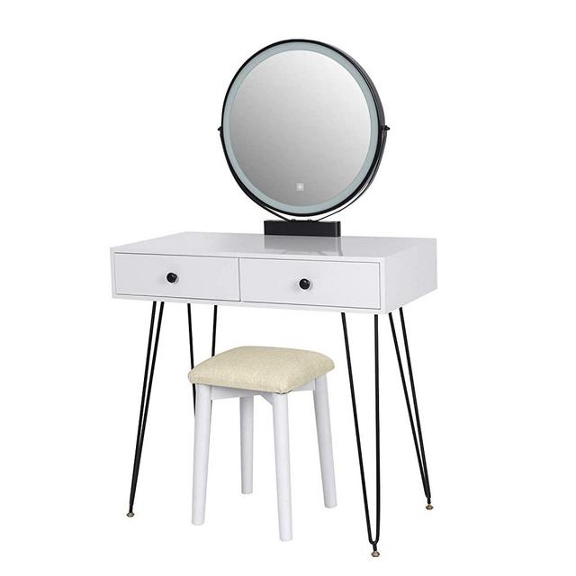 White Makeup Vanity Dressing Table with 3-Color Touch Screen Lights Mirror, Makeup Desk Bedroom Vanity Set with Drawers Padded Stool