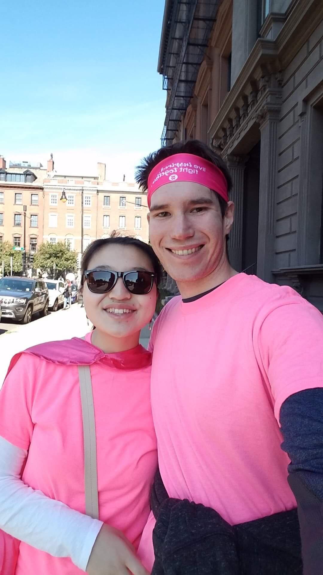 Jon and Lia wearing pink for an October breast cancer awareness walk in Boston, MA