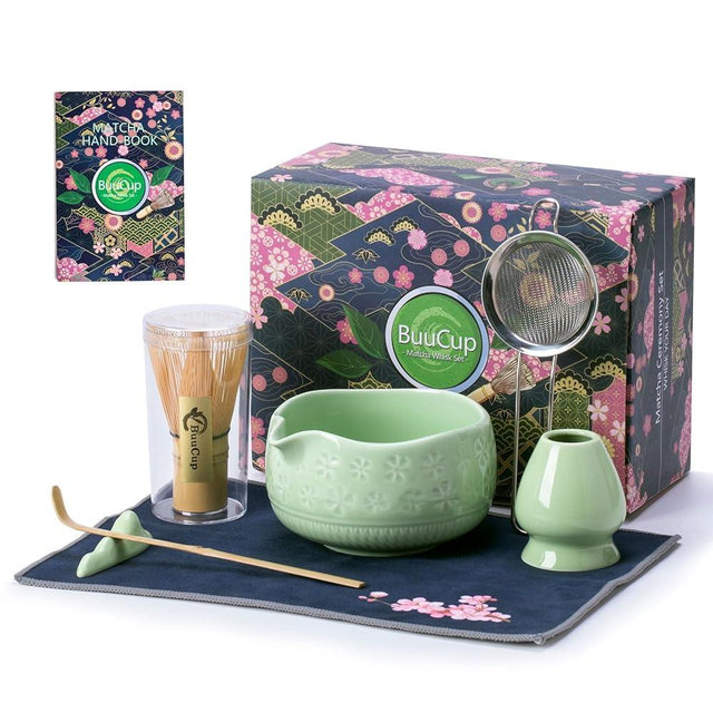 Buucup Matcha Whisk Set, Ceramic Matcha Set Includes Matcha Bowl, Matcha Whisk and Holder, Bamboo Scoop, Scoop Rest, Sifter and Tea Towel - 7 Pcs Matcha Kit for Matcha Lovers (Green)