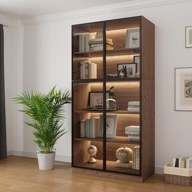 Bobve Display Cabinet with 4 Glass Doors, 5 Tier Storage Shelves Organizer, 78.7" Tall Bookshelf Bookcase with Storage Cabinet, Wooden Display Case Cabinet for Home,Office, Living Room (Walnut)