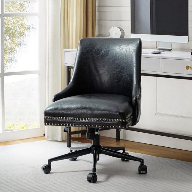 Faux Leather Home Office Chair with Black Metal Base and Nailhead, Modern Comfy Ergonomic Desk Chair with Adjustable Height/Tilt, 360-Degree Swivel, Armless Cute Decoration, Black