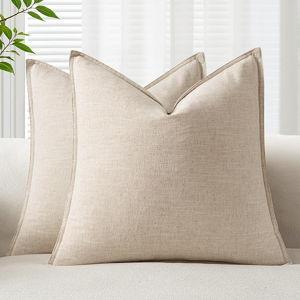 EMEMA Decorative Linen Throw Pillow Covers 22x22 Inch Natural Beige Boho Farmhouse Neutral Couch Throw Pillows for Bed Pack of 2 Accent Pillowcase Modern Sofa Cushion Livingroom Home