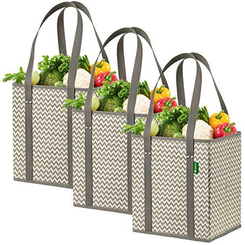 Reusable Grocery Shopping Box Bags (3 Pack - Chevron). Stylish, Premium Quality, Heavy Duty Tote Set with Extra Long Handles & Reinforced Bottom. Foldable, Collapsible, Durable and Eco Friendly
