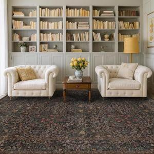 Vintage Dark Brown Washable 8x10 Living Room Rug, Non-Slip Large Area Rugs for Dining Room Under Table, Bedroom, Black Brown Floral Carpet with Deep Olive Accent, Low Pile Stain Resistant