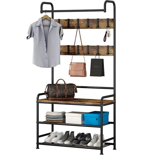 LINZINAR Coat Rack Shoe Bench 3-in-1 Hall Tree with Bench and Shoe Storage for Entryway Heavy Duty MDF Stand Coat Rack Industrial Accent Furniture with Metal Frame, Black (Rustic Black)