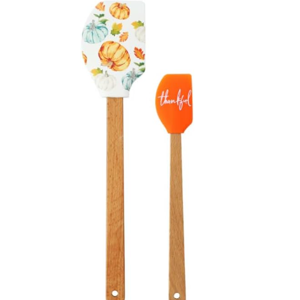 Thanksgiving Silicone Spatula Set 2-Piece Fall Baking Utensils Thankful & Pumpkin Design Heat Resistant Silicone with Wooden Handles Perfect for Holiday Cooking & Kitchen Decor