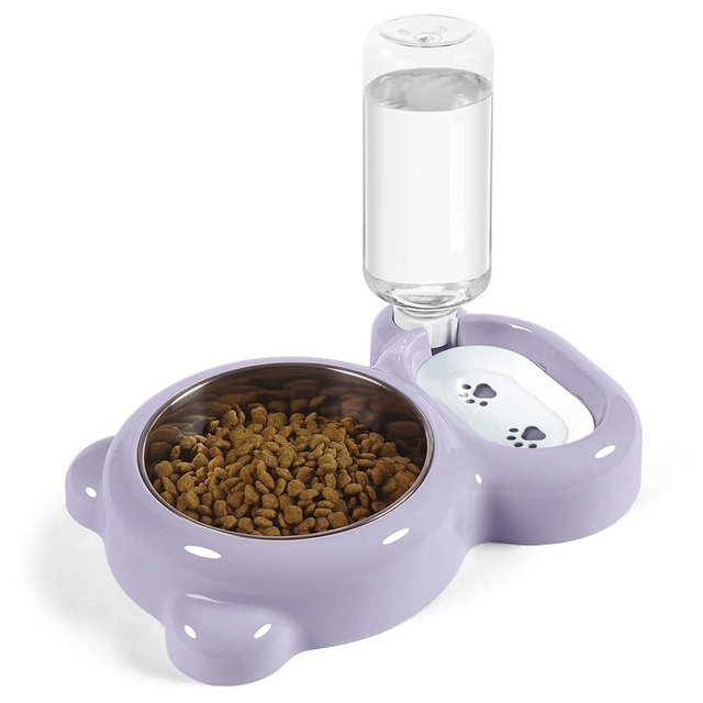 Dog Bowls, Cat Food and Water Bowl Set with Water Dispenser and Stainless Steel Bowl for Cats and Small Dogs - Purple
