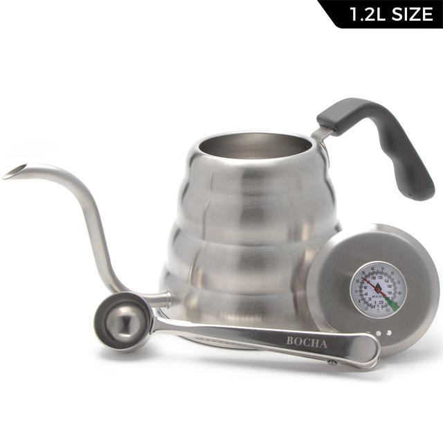 BOCHA - Pour Over Drip Coffee & Tea Kettle, Stainless Steel with Built in Thermometer & Gooseneck Pourover Spout, FREE Scoop Bag Clip and eBook included (1.2 Liter)