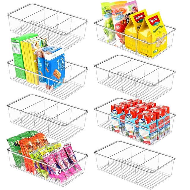 ZIZOTI 7 Pack Food Pantry Organization and Storage Bins,Plastic Clear  Removable Snack Organizer Racks w 3 Dividers, Great for Organize Packets