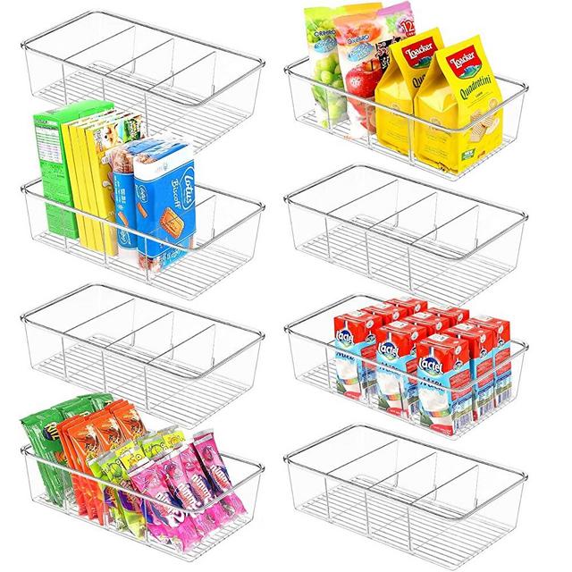 Food Pantry Organization and Storage Bins – ZIZOTI 8 Pack Clear Plastic Removable Snack Organizer Racks w 3 Dividers, Great for Organize Packets, Spices, Pouches Stackable Fridge Kitchen, Cabinets