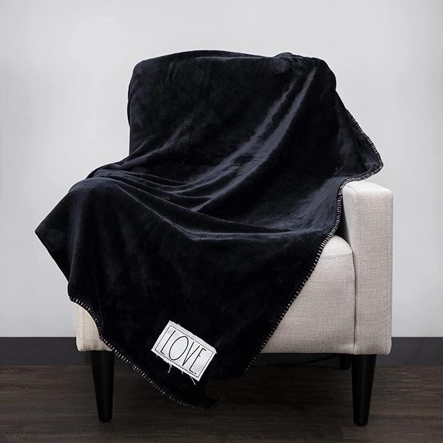 Rae Dunn Throw Blanket- Soft, Decorative Blankets for Bed or Couch, Cozy Throws for Sofa, Plush Black Fleece Throw Embroidered with Love 50 inches x 60 inches