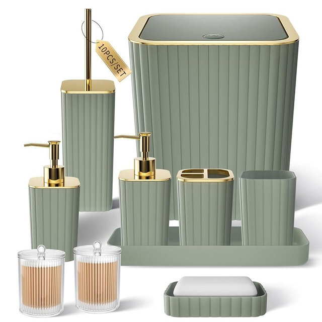 XLHOMO Bathroom Accessories Set - Gorgeous Bathroom Set, 10PC Sage Green Bathroom Accessory Set, Toilet Brush, Trash Can & Soap Dispenser