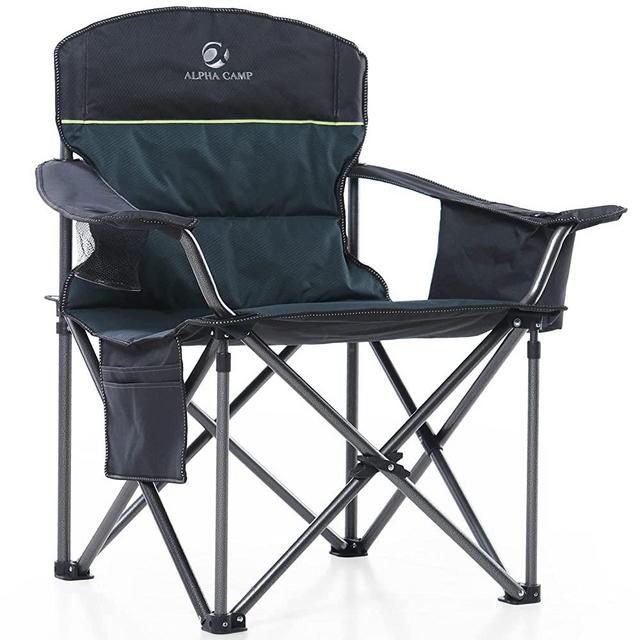 ALPHA CAMP Oversized Camping Folding Chair Heavy Duty Lawn Chair with Cooler Bag Support 450 LBS Steel Frame Collapsible Padded Arm Chair Quad Lumbar Back Chair Portable for Outdoor,Green