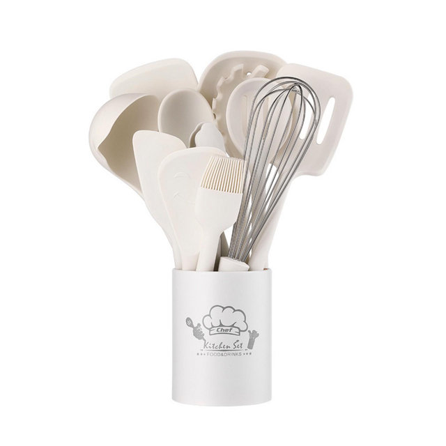 SUGIFT 13-Piece Silicone Kitchen Utensil Set with Wooden Handles – Heat-Resistant Cooking Tools with Storage Bucket