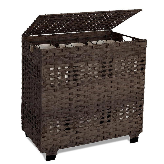 OIAHOMY Laundry Hamper with Lid, 135L Clothes Hamper with 3 Removable Liner Bags, Woven Laundry Basket, Large Laundry Hamper for Bedroom, 27x 13 x 26 Inches, Brown