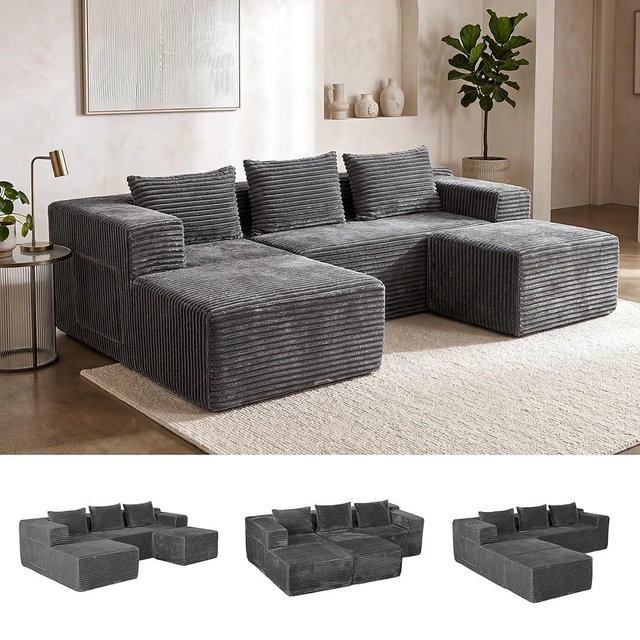 zzlay Modular Sectional U-Shaped Sofa with Deep Seat, Modern Boneless Comfy Corduroy Fluffy Couch with Side Pockets and Anti-Slip & Floor-Friendly Bottom for Living Room, No Assembly, Dark Grey