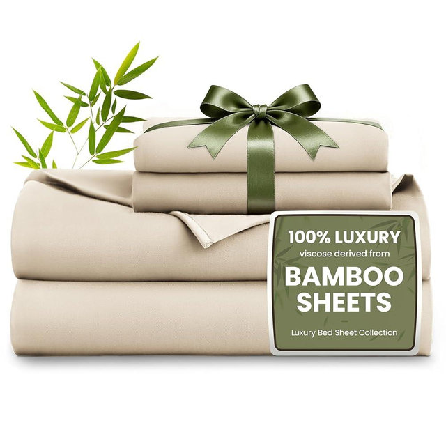 Love's cabin 4 Piece King Size Sheet Set, 100% Rayon Derived from Bamboo, Cooling & Breathable, Soft Silky Deep Pocket up to 16", Hotel Luxury Bedding for Hot Sleepers, Dark Beige