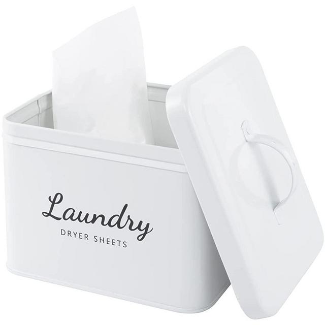 Farmhouse Metal Laundry Dryer Sheet Holder - Fabric Softener Sheet Dispenser with Lid, Metal Dryer Sheet Bin Dryer Sheet Dispenser Dryer Sheet Container Box for Laundry Room Decor Organization (White)