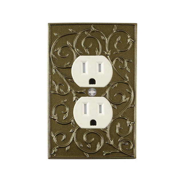 Meriville French Scroll Electrical Outlet Wall Plate Cover, Hand Painted Single Duplex receptacle outlet cover, Aged Gold