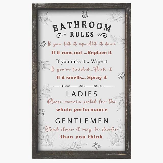 Buecasa Funny Bathroom Rules Sign - Solid Wood Farmhouse Bathroom Decor - Rustic Framed Wall Art for Toilet Restroom 16x9.5 Inches Vertical