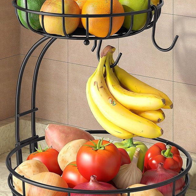 Sevenblue 2 Tier Large Fruit Basket for Kitchen Counter with Removable Banana Hanger - Sturdy Iron Fruit Bowl for Kitchen Counter and Vegetable Holder, Brown, Extra Large