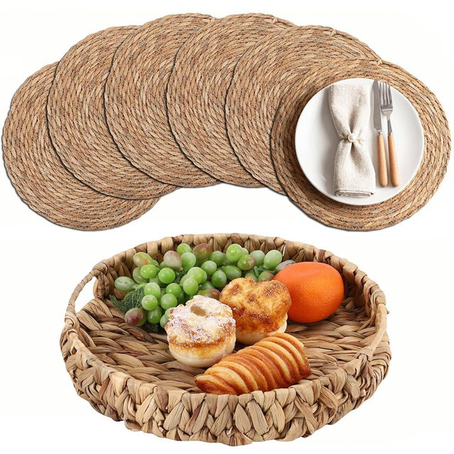 BSSN Woven Placemats Set of 6 with Water Hyacinth Storage Basket, Natural Woven Table Mats for Dining Table, Handmade Boho Wicker Place Mats, Heat-Resistant Round Farmhouse Table Decor