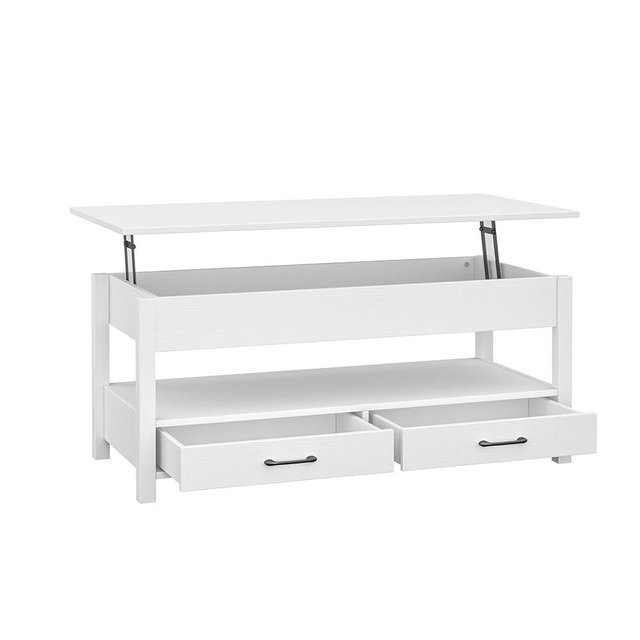 Panana Coffee Table, Lift Top Coffee Table with Hidden Compartment, 2 Drawers and 1 Open Shelf, Retro Central Wooden Table Lift Tabletop for Living Room (White)