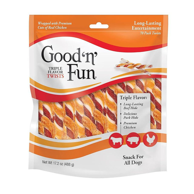 Good ‘n’ Fun Triple Flavor Twists for All Dogs, 70 Count, Treat Your Dog to Long-Lasting Chews Made with Beef Hide, Pork Hide and Chicken