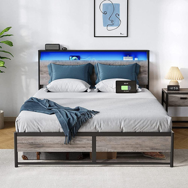 LINSY LIVING Queen Bed Frame with Ergonomic Headboard, 14 inch Fast Assembly Metal Bed with Lights, Outlets & USB , Bed Frame Queen Size with Storage, Noise Free , No Box Spring Needed, Greige