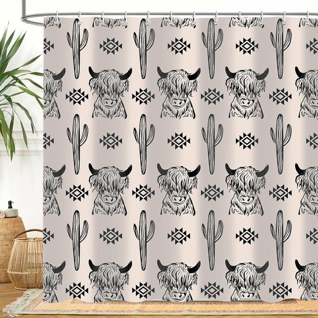 Moyrisou Cute Highland Cow Shower Curtain, Cactus Western Aztec Cattle Farm Animal Southwest Boho Bohemian Bathroom Curtains, Waterproof Polyester Fabric with Hooks 72x72 Inch
