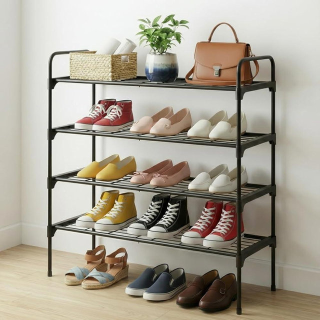 Tujurich 4-Tier Shoe Rack Organlzer, Rustproof lron, Spaclous Shoe Storage Shelf for Closet or Entryway, Fits Sneakers & Slippers, Black