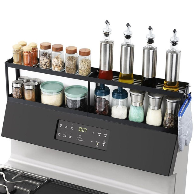 OTraki 2 Tier Strong Magnetic Oven Shelf 30 Inch Length Spice Rack Over The Stove Shelf with 2 Anti-Slip Mats Seasoning & 4 Hooks Kitchen Spice Storage Organizer Black
