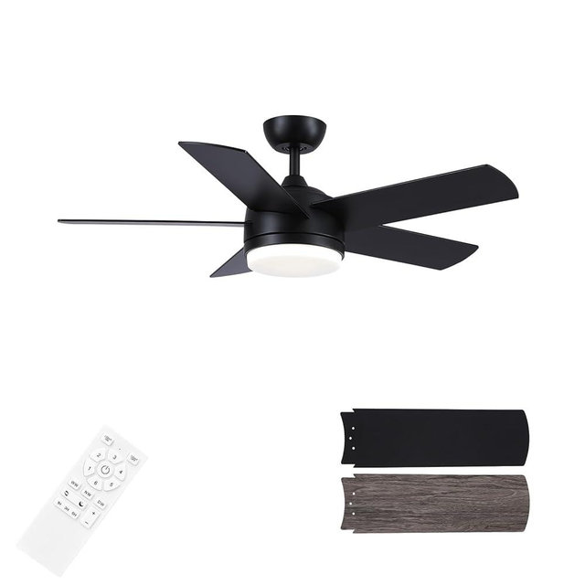 YUHAO 44 inch Black Ceiling Fan with Lights and Remote Control,Dimmable 3 Color temperatures LED,6 Speed Reversible DC Motor,5 Blades Modern Ceiling Fan for Indoor or Covered Outdoor