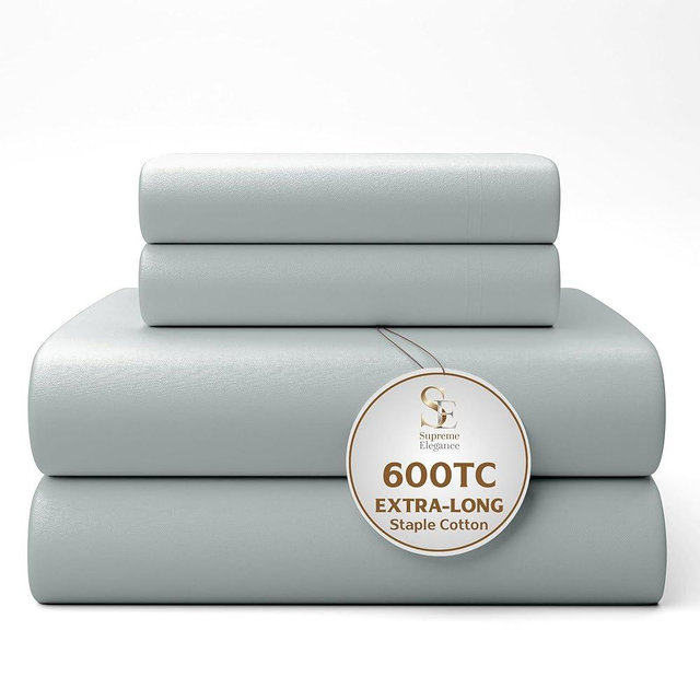 100% Cotton Light Gray Bed Sheet Set Full Size, 600 Thread Count Sheets - Wrinkle-Resistant 4pc Soft & Silky Sateen Sheets (1 Flat, 1 Fitted Sheet & 2 Pillowcases) with Deep Pocket Sheet