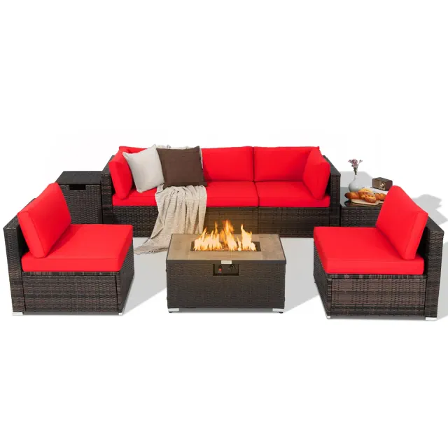 Costway 8PCS Patio Rattan Furniture Set Fire Pit Table Tank Holder Cover Deck Red