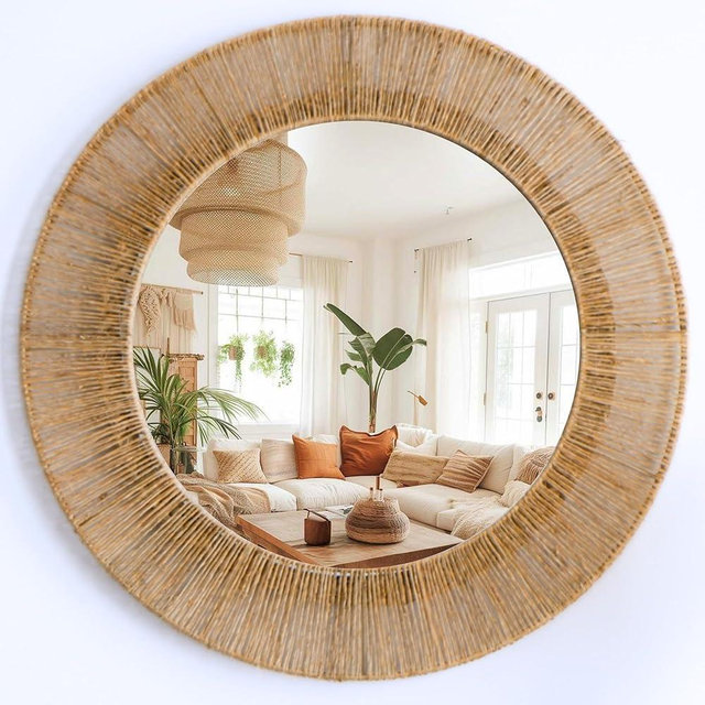 Chi An Home 24 Inch Jute Mirror, Large Coastal Boho Round Mirror with Rustic Natural Jute Frame, Farmhouse Wall Decor Accent Handwoven for Bathroom, Bedroom, Living Room, or Entryway