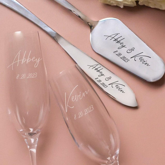 Engraved wedding flutes and cake serving set, engraved cake knife, wedding champagne glasses