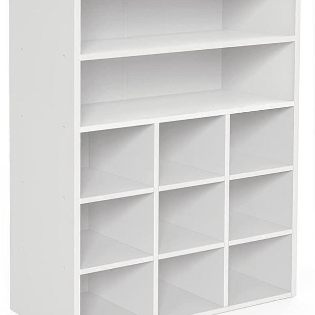 HAIOOU Shoe Cubby, 9-Cube Stackable Wood Shoe Rack Organizer 5-Tier Freestanding Wooden Shoe Stand with 2 Storage Shelf for 10-15 Pairs, Ideal for Apartment, Entryway, Closet Organization - White