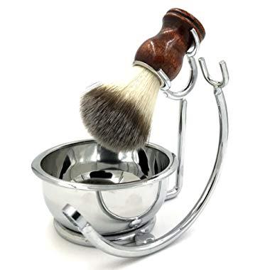 Strong Brush Stand + Men's Shaving Brush + Perfect Stainless Steel Shaving Soap Bowl,For Guaranteed Best Shave of Your Life. Use for Old Fashioned Double Edge Safety Razor or Multi Blade Razor
