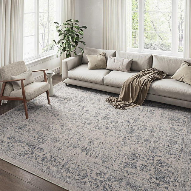 PureCozy Blue Area Rug 8x10 Indoor Vintage Living Room Large Carpet Washable Distressed Rug Floral Bedroom Rug Retro Accent Throw Rug for Office Dining Room Nursery