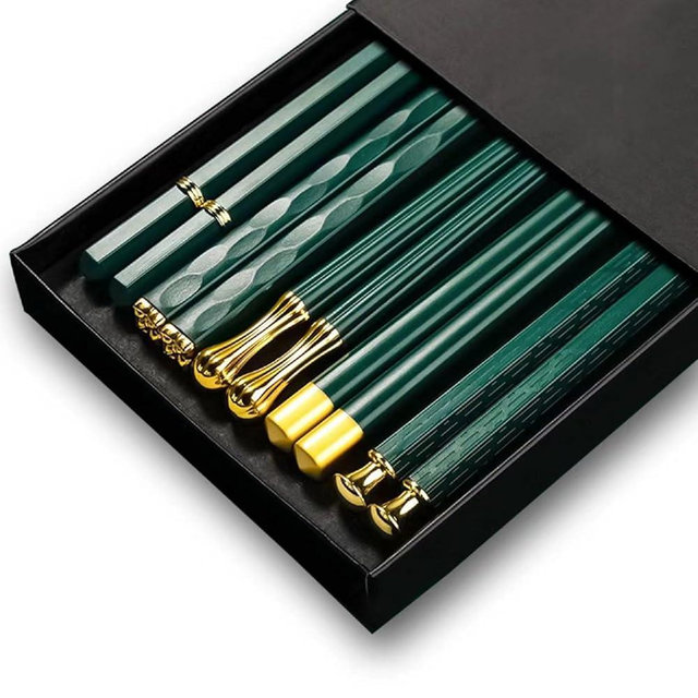 Random Mood Chopsticks Reusable Dishwasher Safe, Cooking Chopsticks, Korean Japanese Chinese Chopsticks, Fiberglass Chopsticks, Non-Slip, Green And Golden Multi Style, 5 Pairs, 9.5in/24cm