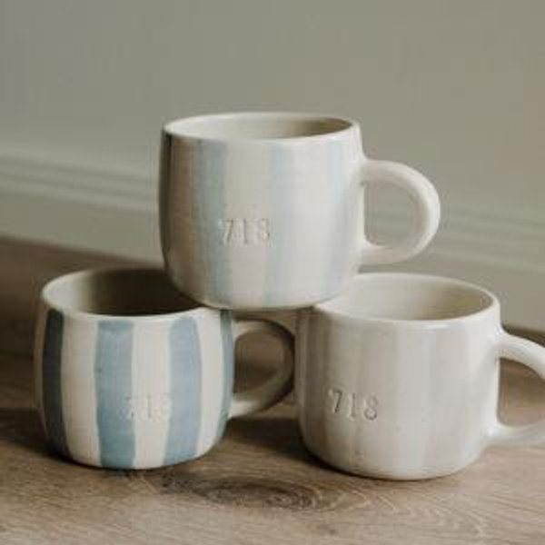 Striped personalised mug, customised stripe cup, hand made ceramics, cute unique gifts, homeware, drinkware, personalised gift idea - Short, light blue