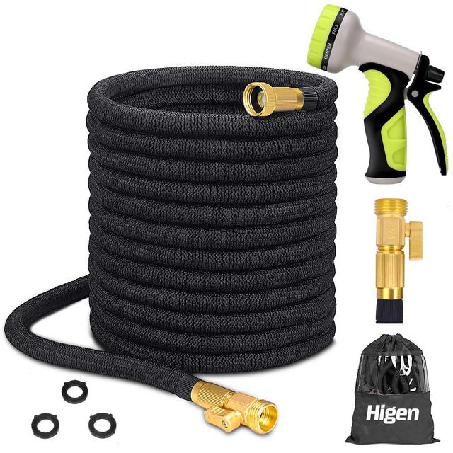 Higen 100ft Upgraded Expandable Garden Hose Set, Extra Strength Fabric Triple Layer Latex Core, 3/4&quot; Solid Brass Fittings, 9 Function Spray Nozzle with Storage Bag, Premium No-Kink Flexible Water Hose