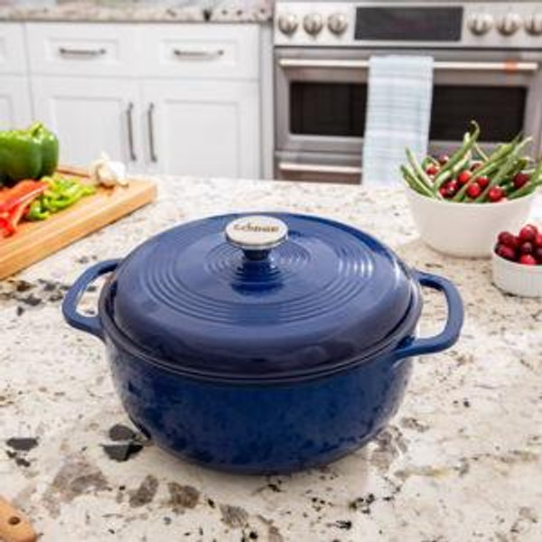 Lodge 7.5 Quart Enameled Cast Iron Dutch Oven with Lid – Dual Handles – Oven Safe up to 500° F or on Stovetop - Use to Marinate, Cook, Bake, Refrigerate and Serve – Caribbean Blue